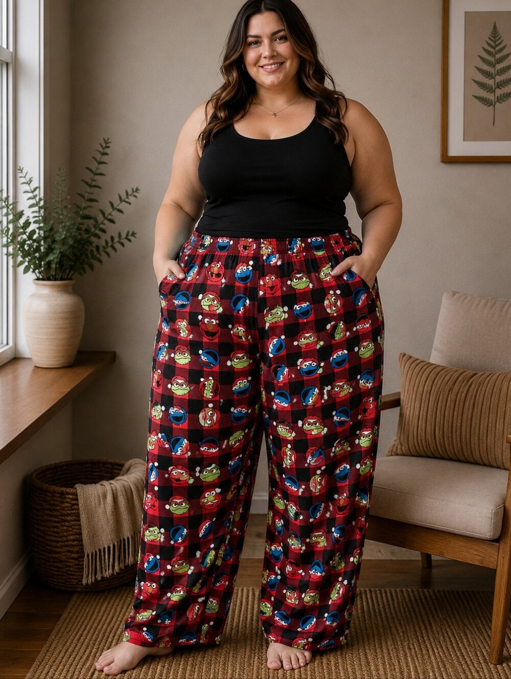 Sesame Street Red Plaid Character Lounge Pants with Multicolor Faces